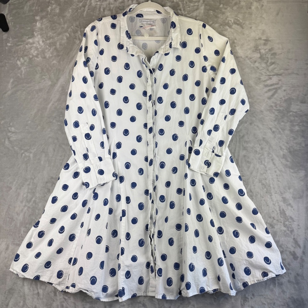 Snapdragon &‎ Twig White Blue Polka Dot Long Sleeve Shirt Dress Medium (1376)